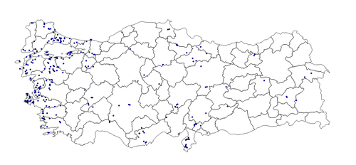 Geografische Verteilung von Windenergieanlagen in der Türkei (auf Distriktebene)
